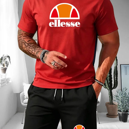 Ellesse Men's Summer Casual Sports Set Short Sleeve T-Shirt + Shorts Two-Piece Trendy Print Breathable Quick-Dry Fitness Wear