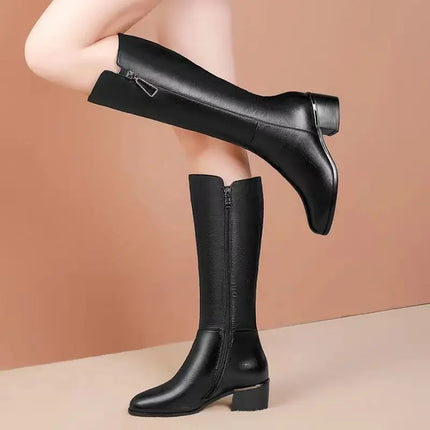 2024 New Women Boots Zipper Thick High Heels Simple Fashion Thick High Heels Autumn Winter Woman Boots Knee High Botas