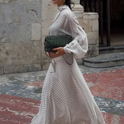 Polka Dot Skirt 2 Piece Set Women Casual High Collar Tie Full Sleeves Elastic High Waist Long Skirt Suit Lady Daily Outfit New