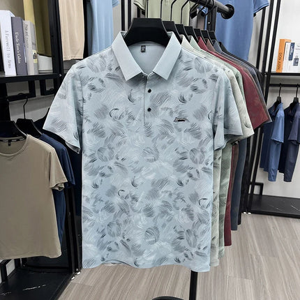 Mens Business Casual Feather Print Short Sleeve Polo Shirts Tops Soft Breathable Fashion Shirts for Men