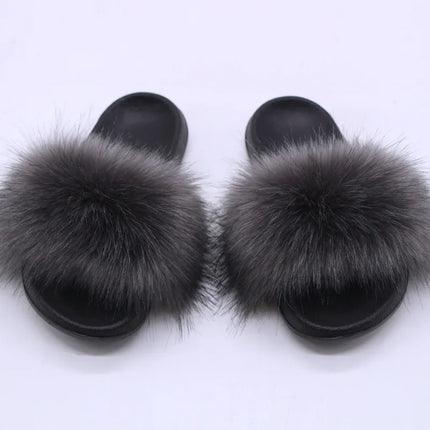 Women's  Faux Fox Fur Slides Fluffy Open Toe Slippers Indoor Outdoor Casual Flat Sandals Luxury Furry Slide Shoes for Ladies
