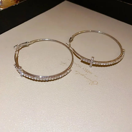 Shiny Big Circel Cross Hoop Earrings for Women Exquisite Rhinestones Ear Buckles Earrings High-end Geometric Ear Rings Jewelry