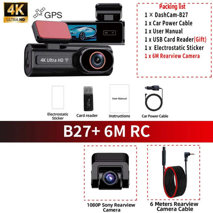 ACCEO Dash Cam WIFI GPS Mini CAR DVR Front 4K And Rear 1080P Dual Lens Black Box Room Camera Night Vision 24H Parking Monitor