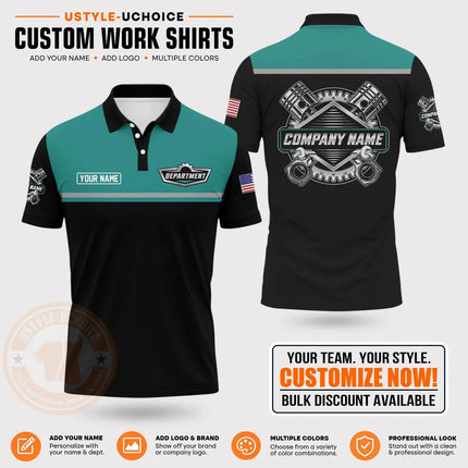 Custom Mechanic Work Pattern Polo Shirt Personalized Name Logo Uniform With Piston Print For Men Women Casual Quick Drying Tees