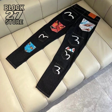 Mens Jeans Harajuku Fortune God Print Multi Pocket Denim Pants New Workwear Cargo Trousers Casual Streetwear Fashion Autumn New