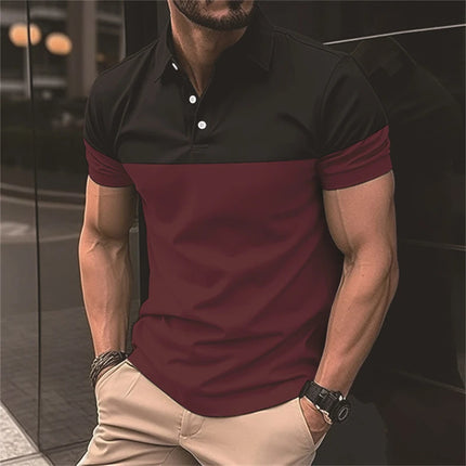 Fashion Two Tone Splicing Printed Men's Polo T Shirt Summer Lapel Short Sleeve Tops Business Casual Golf Wear Oversized T-shirts