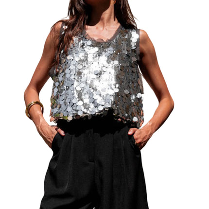 Y2K Women's Summer Shiny Sequins Vest Sleeveless Round Neck Fashionable Party Tank Tops