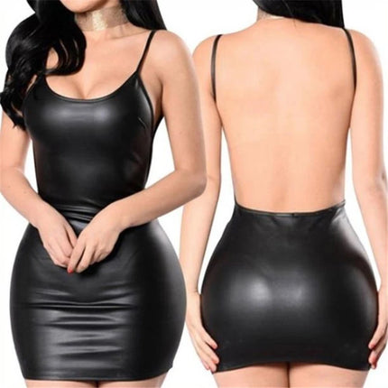Sexy Faux Leather Dress Backless Club Party Short Dress Solid Black Wet Look Latex Bodycon Push Up Bra Mini
