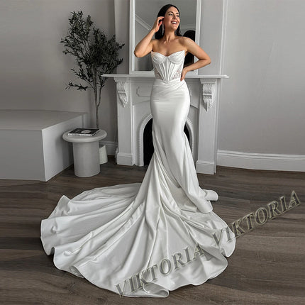 VIKTORIA Charming Mermaid Wedding Dresses for Women Bride Satin Lace Strapless Pleat Robe De Mariée Personalized Customized