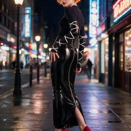 Women's Sexy Black Wet Look Glossy Faux Leather Skirt High Waist Stretch Bodycon Pencil Midi Zipper Split Club Party Summer 2026