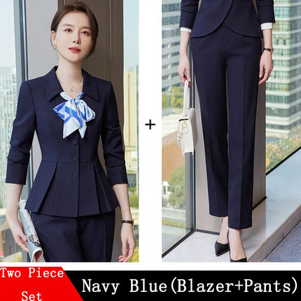 2024 New Spring Female Elegant Women's Skirt Suits Apricot Navy Blue Blazer +Trouser Bussiness Jacket Office Lady 2 Pieces Set
