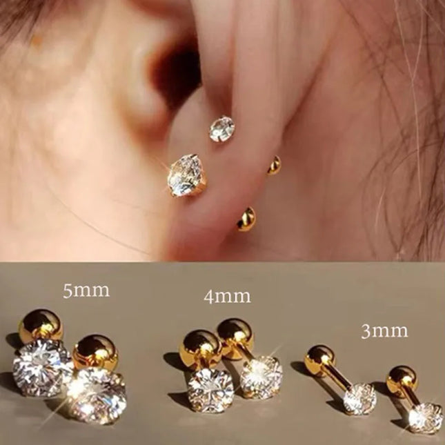 3Pairs Classic Round Zirconia Stud Earrings For Women, Stainless Steel Women's Cartilage, Tragus, Lobe - product image 5