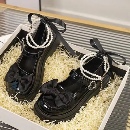 Lolita Shoes Heart Buckle Women Sweet Bow Pearl Chain Mary Janes Shoes Woman PU Leather Thick Bottom Party Pumps Mujer Zapatos