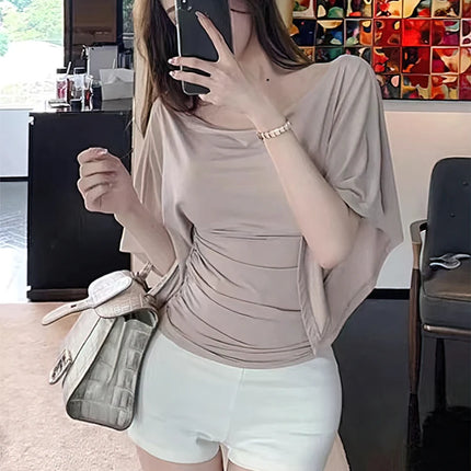 Sexy Summer Off Shoulder T shirt Women Elegant Batwing Short sleeve Cowl Neck Tops Korean Chic Tight Tshirt Lady Tees 2025 New