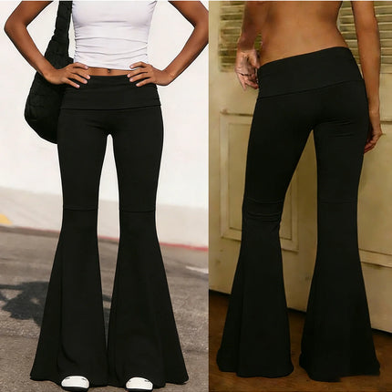 Women’s Fold Over Leggings Fashion Low Waist Solid Color  Fit Flare Pants Sweatpants