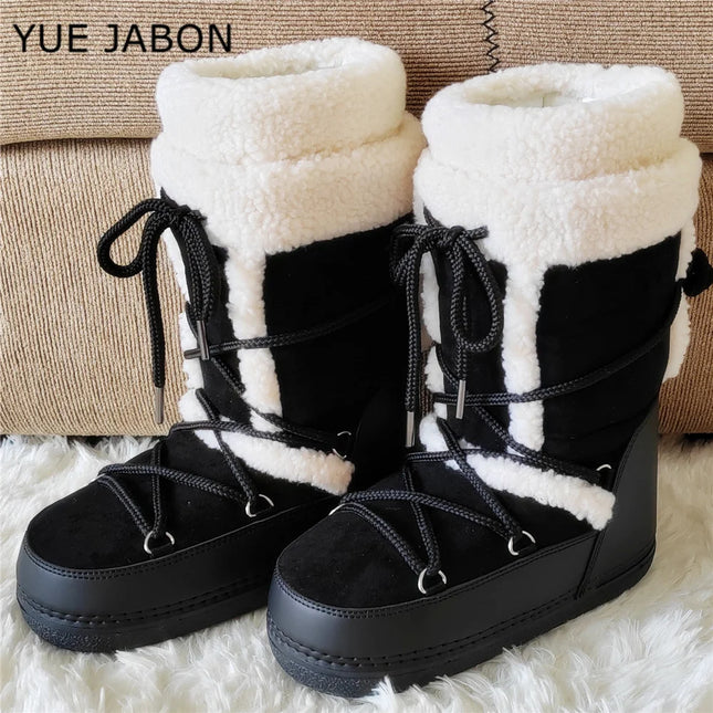 Pink Lamb Fleece Cotton Snow Boots for Women 2026 Winter Soft Warm Comfortable Lace-up Mid-calf Boots Soft Non-slip Ski Boots
