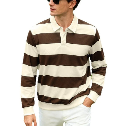 Men's striped rugby polo long-sleeved collar shirt casual school outdoor sports casual 3d printing spring, autumn and winter