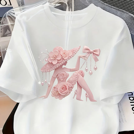 Women's Printed T-Shirt Pearl Diamond Jewelry Women's Design Casual Round Neck Short-sleeved Top Urban Style Printed T-Shirt