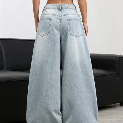 American high waisted wide leg jeans light blue washed pink floral embroidery with loose hanging edges