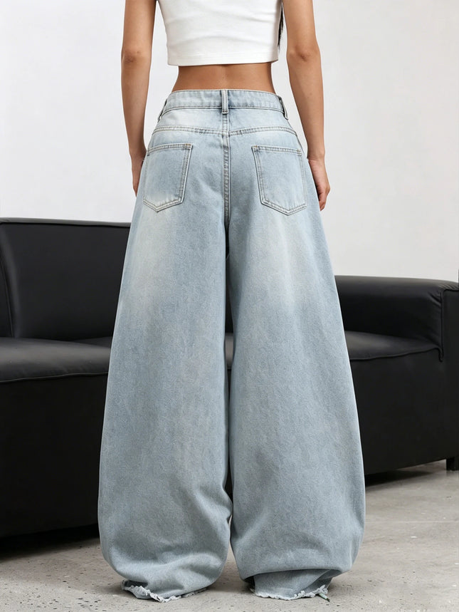 American high waisted wide leg jeans light blue washed pink floral embroidery with loose hanging edges