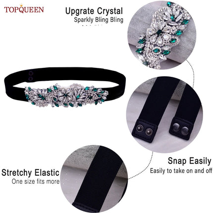 TOPQUEEN S01-E Fashion Floral Rhinestone Buckle Women's Elastic Waist Cinch Belt for Dress Formal Dress Belt Evening Party Band