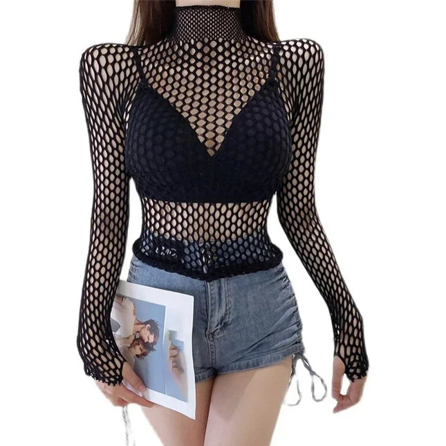 Womens Sexy Mesh Long Sleeve Fishnets Tops Fun Fashion Slim Fit Tops Hollow Out See Through Loose Female