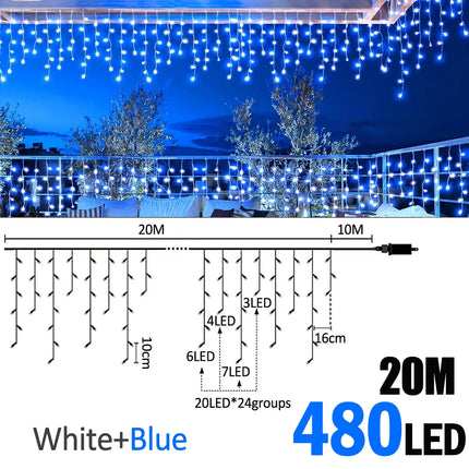 6.5200LED/20M480LED Icicle String Lights Christmas 40Drops 8 Modes, Plug in Curtain Waterproof for Holiday Wedding Party Garden