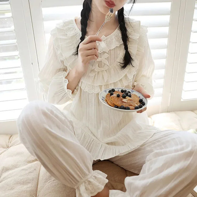 Niedliche Damen Prinzessin Rüschen Pyjama-Sets Oberteile+Hosen. Vintage Lady Weißer Jacquard-Stoff Pyjama-Set Viktorianisches Mädchen Home Nachtwäsche