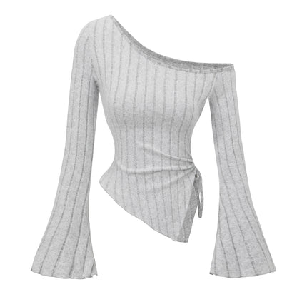 Women's Off-Shoulder Cross Long-Sleeved Slim Fit T-Shirt Asymmetrical Street Style Casual Elegant Top with Trumpet Sleeves
