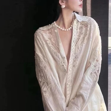 Limiguyue Spring Autumn White Hollow Out Shirt Women Floral Embroidery Blouses French Turn Down Collar Single Breast Tops T097