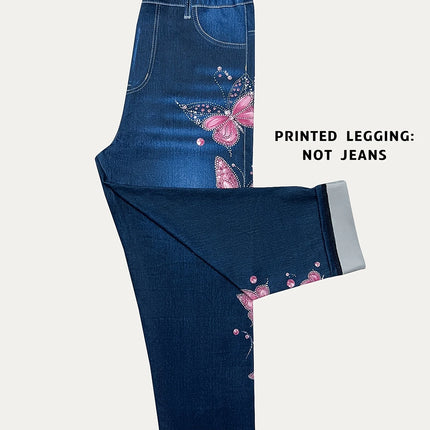 Women High Waist Slim Fit Floral Print Fake Denim 7/8 Cropped Capri Pants, Suitable For Daily Casual & Sports Wear
