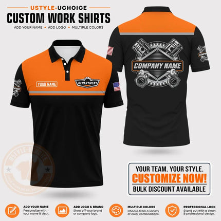 Custom Mechanic Work Pattern Polo Shirt Personalized Name Logo Uniform With Piston Print For Men Women Casual Quick Drying Tees