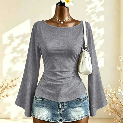 Boat Neck Flare Long Sleeve Side Ruched Fitted Casual Blouse Slim Fit Basic Top
