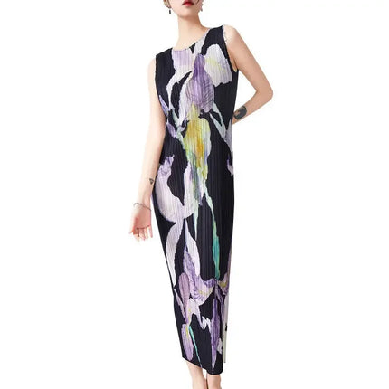 Sleeveless round neck dress for women 2023 new high-end printed pleated straight tube  vestidos elegantes para mujer