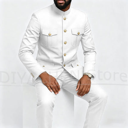 Fashion Stand Collar Men Suits Single Breasted Four Pockets Slim Male Clothing Formal Business Casual Daily Suit 2 Pieces