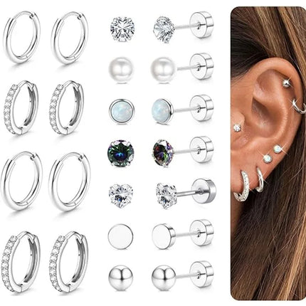 Stainless Steel Stud Hoop Earrings for Women Flat Back Cartilage Earrings 925 Sterling Silver Small Hoops Trendy Earring Set