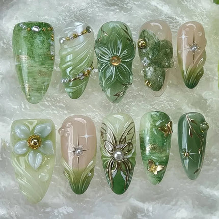 24pcs Almond False Nails Tips Summer Beach Colorful Nails Sets with Pearl Flower Design Press on Nails Art Wearable Fake Nail