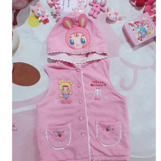 Japanische süße Cartoon Mp Jojifuku Rosa Kapuzenweste ärmellos + Langarmshirt + Weiße Hose 3-teiliges Set Damen Y2k Anzüge