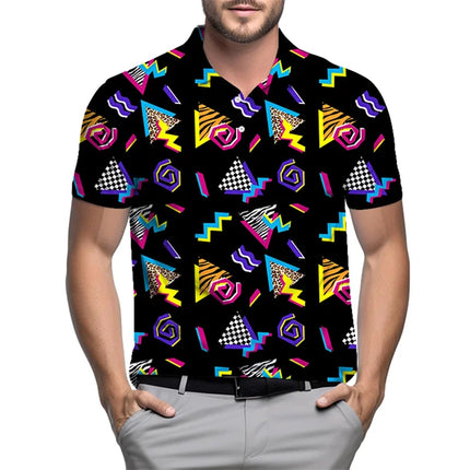 Retro 80s 90s Pattern Men's Golf Polo Shirt Summer 3d Printing Lapel Shirt Street Loose Short Sleeve Tops Button Tee Shirts
