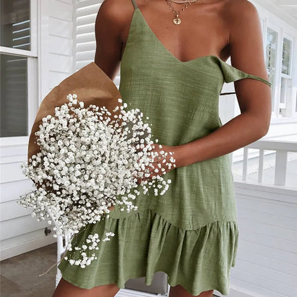 Women Slip Loose Dress Summer V neck Sleeveless Solid Yellow Vacation Beachwear Mini Pleated Ruffle Party Vestidos KYMY-LH0062