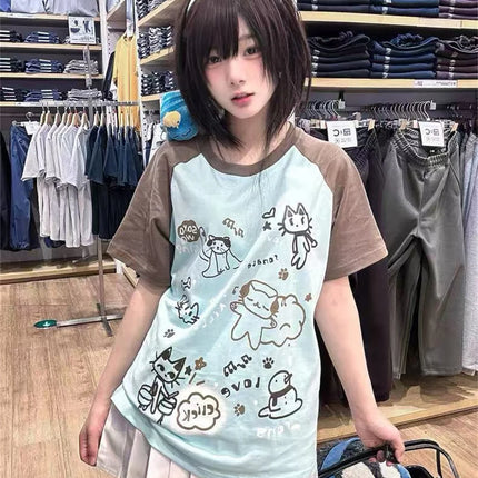 Women Japanese Cartoon Printing Tops E-girl Fairycore Contrast Color Cute Graphic T Shirt Y2k Aesthetics Grunge Casual T-shirt