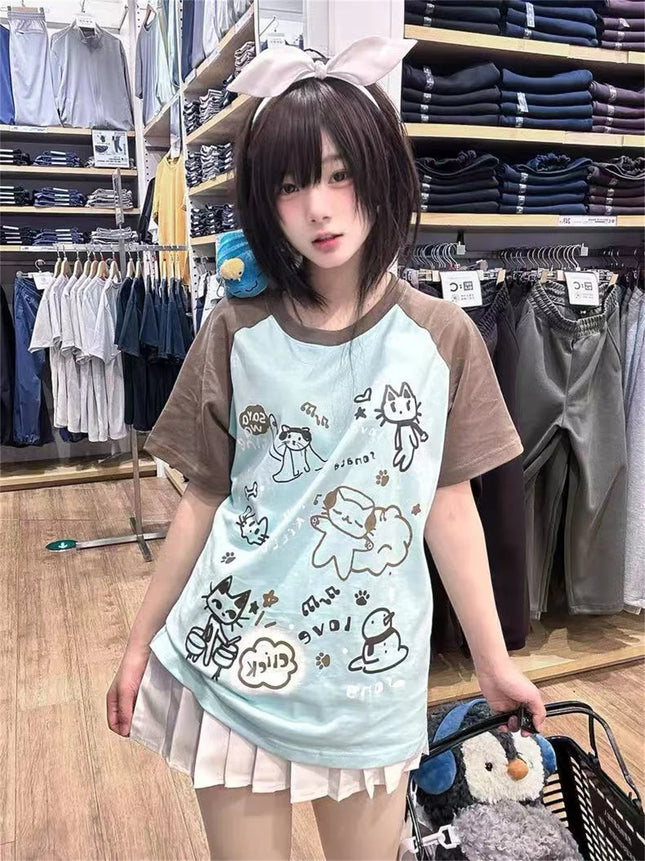 Damen japanische Cartoon-Druck-Tops E-Girl Fairycore Kontrastfarben Süße Grafik-T-Shirts Y2k Ästhetik Grunge Casual T-Shirt