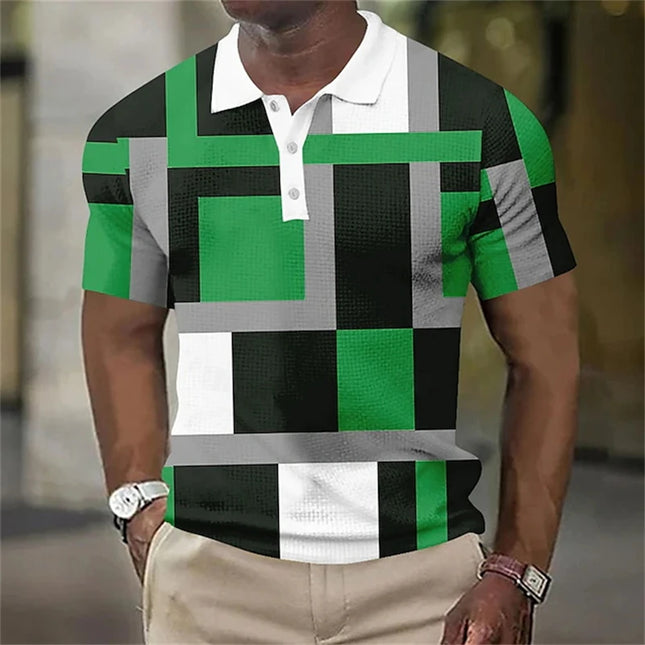 Fashion Men's Polo Shirt 3d Geometric Splicing Graphic Print Casual Mens Polo Shirt Button Lapel Short Sleeve Street Men Clothes