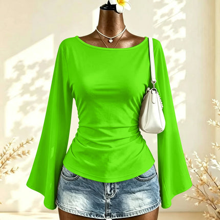 Boat Neck Flare Long Sleeve Side Ruched Fitted Casual Blouse Slim Fit Basic Top