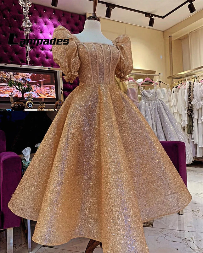 Maßgeschneidertes, geschwollenes Kurzarmkleid aus goldenen Pailletten in Midilänge, Cocktailkleid, Partykleid für Damen, Vestidos Elegantes, Vestido Corto