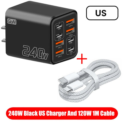 8 in 1 GaN USB-C Desktop Charger 240W Fast Charge Phone Adapter USB-C Cable For iPhone Samsung Xiaomi EU/US/UK - product imag