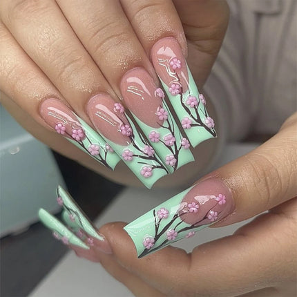 24pcs Long Ballerina Fake Nails 3d Flowers Decor Green French Press on Nails Full Cover Wearable European Spice Girl False Nails