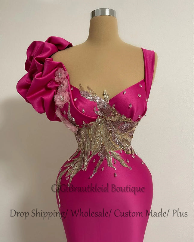 GiGiBraut Ausgefallene 3D Blumen Abendkleider für Damen Kristalle Geraffte Meerjungfrau Ärmelloses Partykleid Vestidos De Fiesta Maßanfertigung