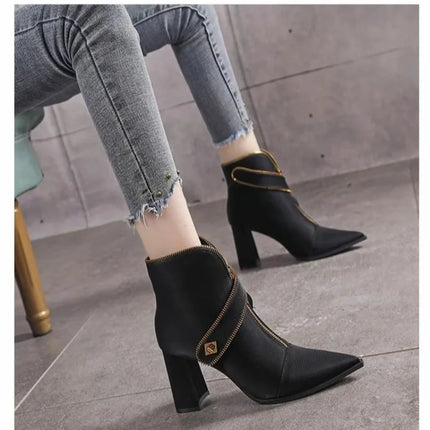 Pointed Toe Booties Women 2025 Fall Winter New Trendy Fashion Block Heel High Heel Boots Front Zipper Skinny Boots