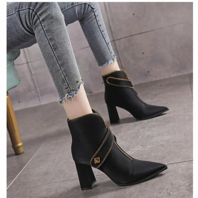 Pointed Toe Booties Women 2025 Fall Winter New Trendy Fashion Block Heel High Heel Boots Front Zipper Skinny Boots